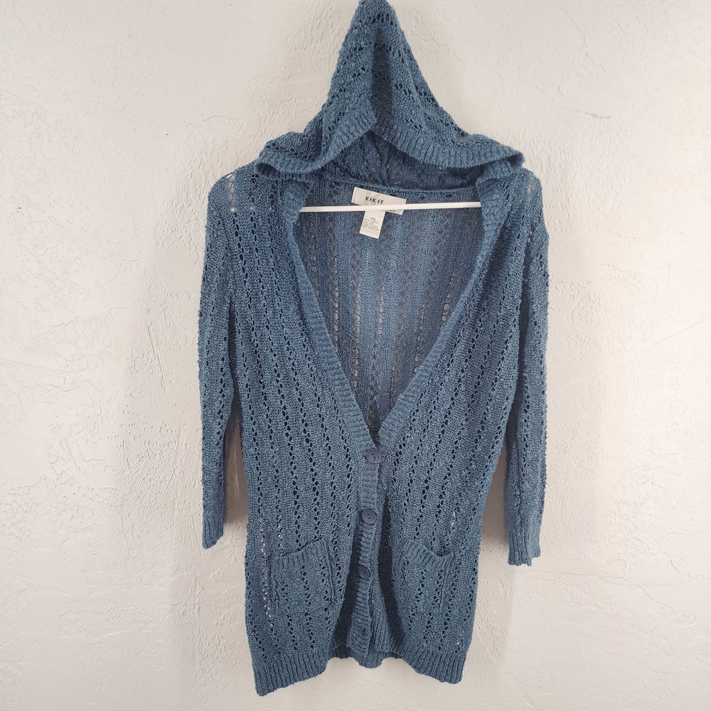 KIKIT Blue Crochet Knit Hooded Button Front Cardigan Sweater Boho Women SML